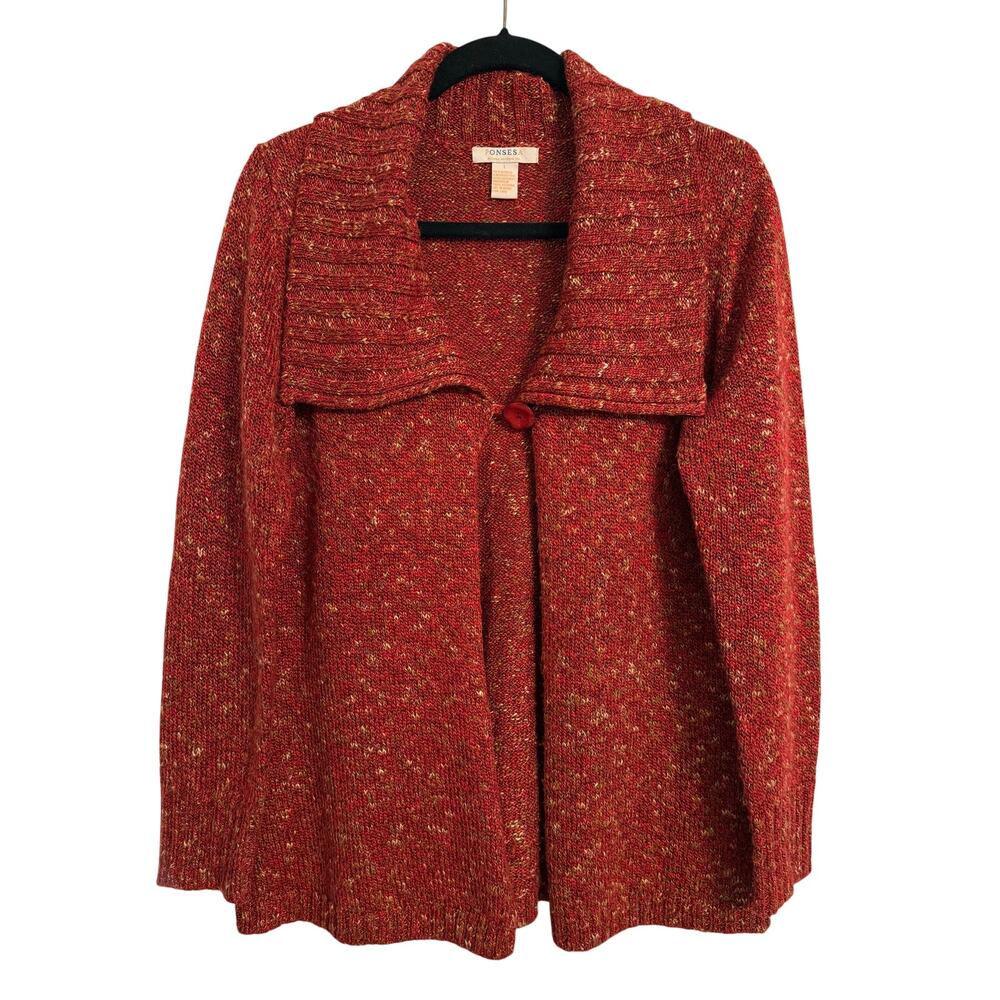 Ponsesa Women's Large Boho Multicolored Burnt Red Button Wide Collar‎ Cardigan